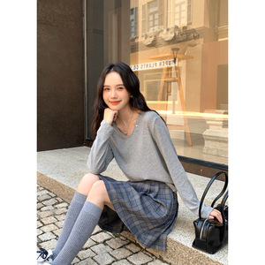 Tania S家秋冬新款韩版慵懒宽松落肩袖针织衫V领长袖百搭打底衫女