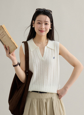 Tania S家韩系翻领刺绣麻花羊毛针织衫女装春季新款无袖背心上衣
