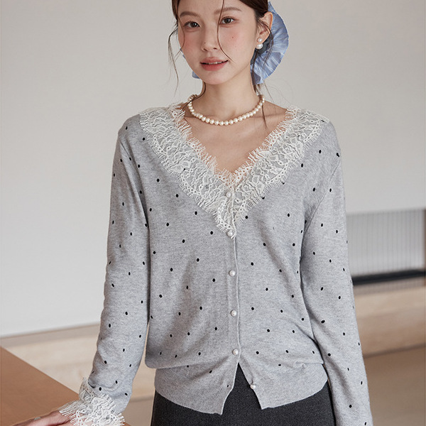 纯色蕾丝拼接波点针织开衫上衣女