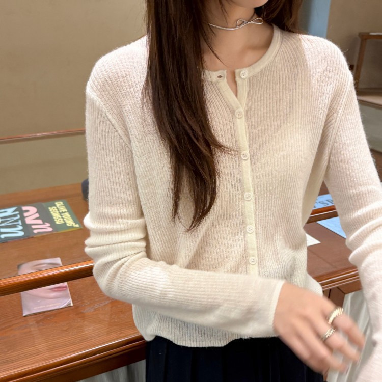 Tania 2025秋季韩版时尚极简风圆领坑纹羊毛开衫羊驼毛针织衫上衣