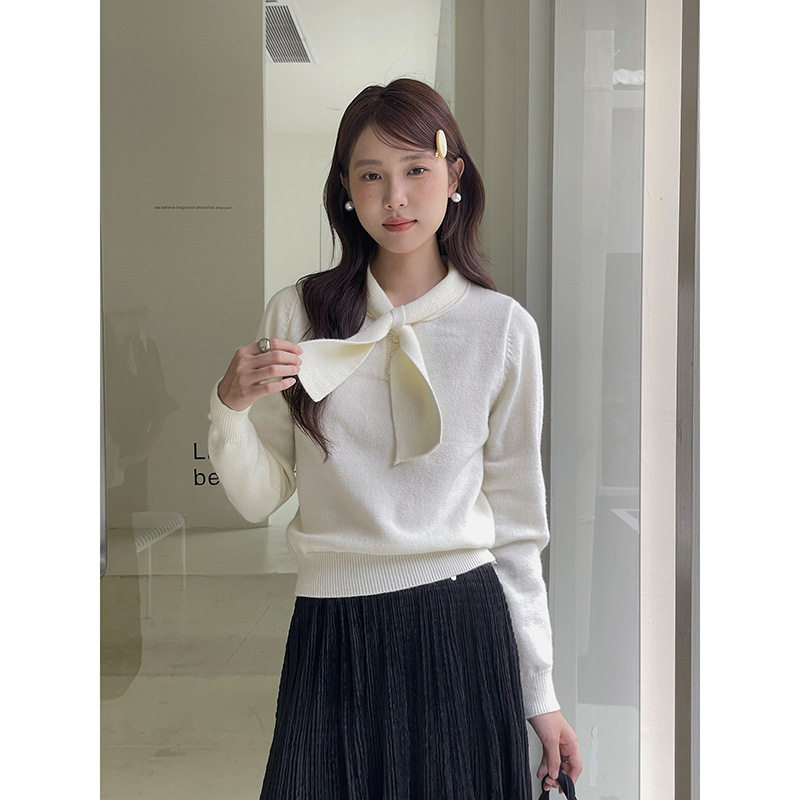 Tania S家秋冬新款韩版淑女蝴蝶结飘带针织衫宽松套头针织上衣女