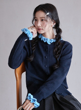 Tania S家秋季新款韩版淑女圆领双层花边针织开衫百搭长袖毛衣女