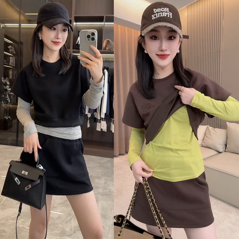 欧货2025女时尚设计感气质圆领卫衣长袖T恤高腰短裙半身裙三件套,女装/女士精品,休闲运动套装,淘宝优惠券,粉丝福利购,淘宝优惠卷