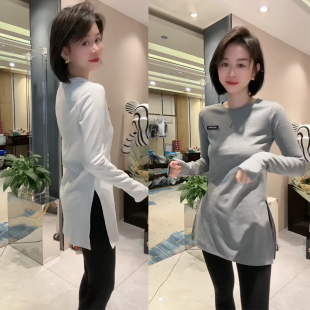 T恤设计感开叉打底衫 中长款 上衣潮 加绒加厚长袖 欧货2025冬女时尚