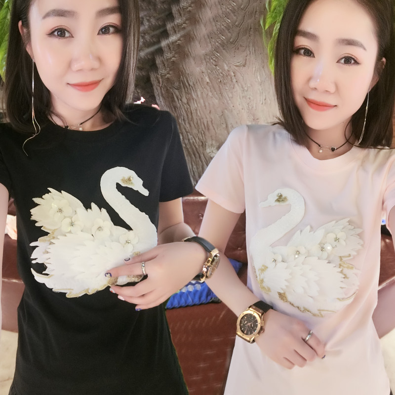 大码短袖T恤女2023冬新款韩版钉珠立体天鹅加绒加厚半袖上衣体恤