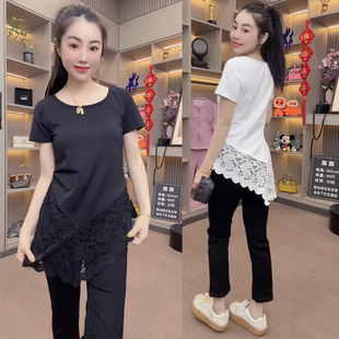 潮 T恤上衣打底衫 欧货2026春女时尚 设计感气质蕾丝拼接不规则短袖