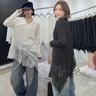 上衣 蕾丝花边拼接T恤不规则遮屁股中长款 欧货2026女春时尚 V领长袖