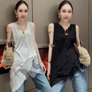 潮 上衣内搭打底衫 欧货2026女时尚 V领蕾丝边不规则长背心叠穿无袖