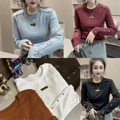 T恤打底衫 棉t恤修身 上衣 高级感显瘦圆领柳钉长袖 2024秋女新款