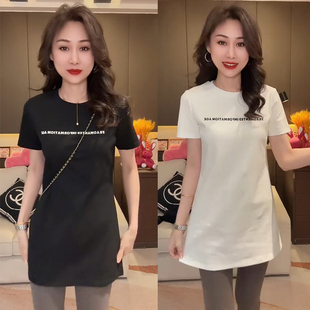 T恤中长款 短袖 上衣打底 设计感气质百搭显瘦修身 欧货2026春女时尚