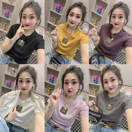 2024秋女新款设计感气质百搭显瘦字母印花圆领短袖T恤打底衫上衣