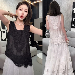 欧货2025春女时尚 美背内搭背心外穿潮 高级感气质圆领蕾丝拼接无袖