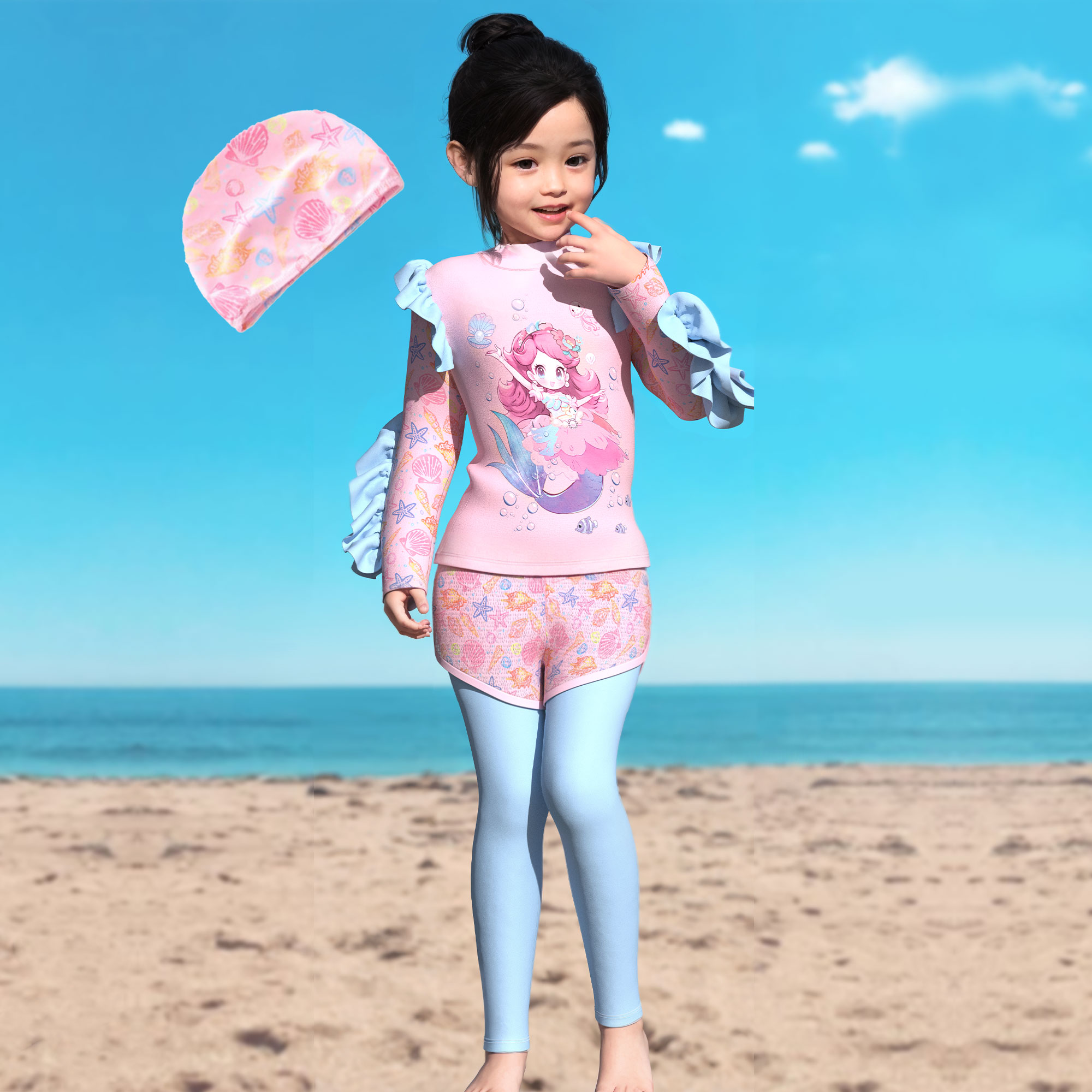 2024儿童泳衣女童荷叶边女孩泳装连体长袖防嗮分体小中大童游泳衣