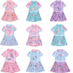 新款 独角兽美人鱼女童游泳衣 儿童泳衣女中大童连体运动网拉链泳装