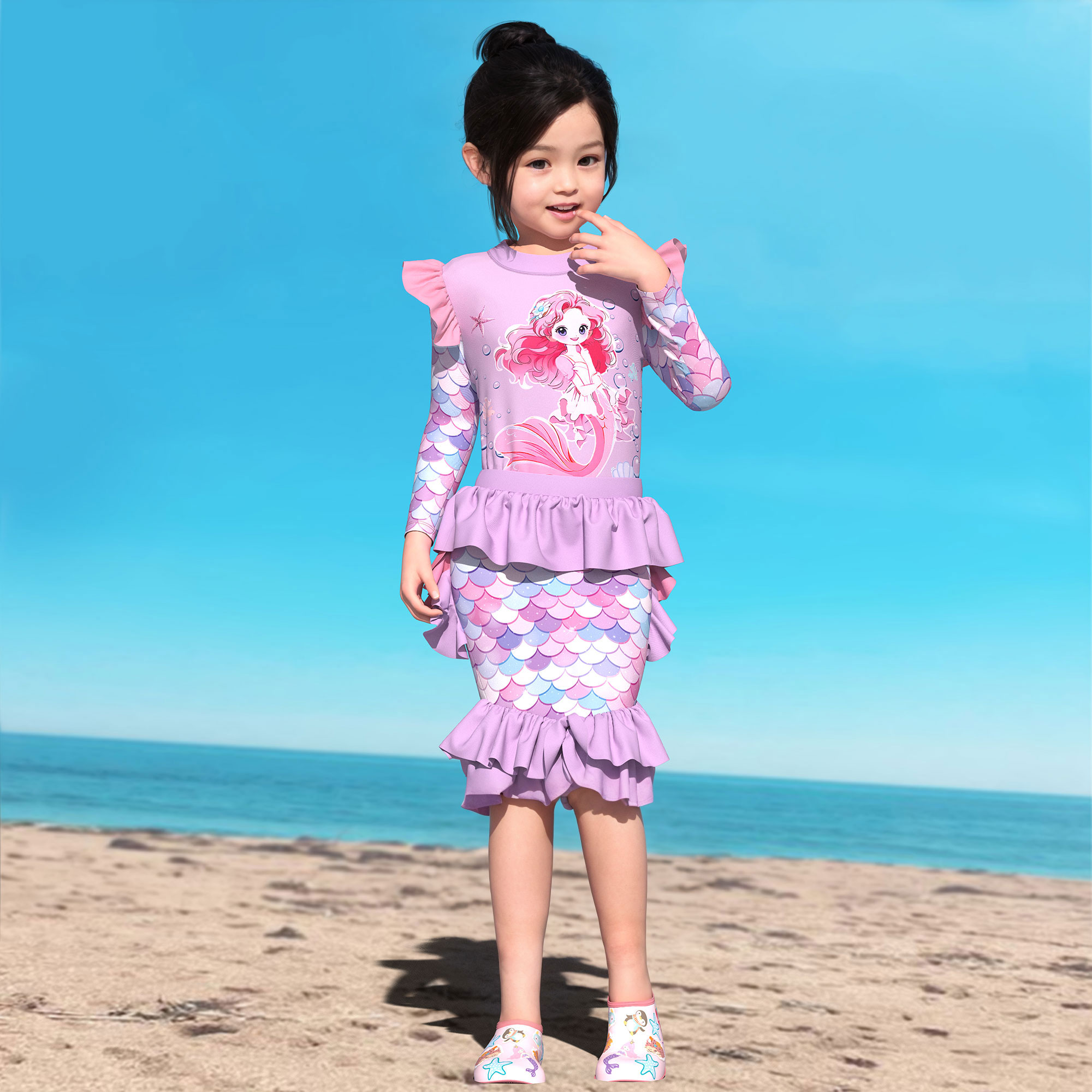 新款儿童泳衣女童新荷叶边游泳衣小中大童分体长袖长裤防晒游泳衣