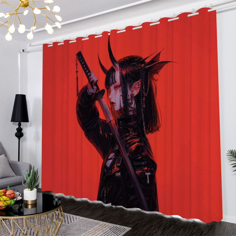 动漫二次元红月女武士遮光窗帘定制隔断客厅卧室电竞房间隔断背景