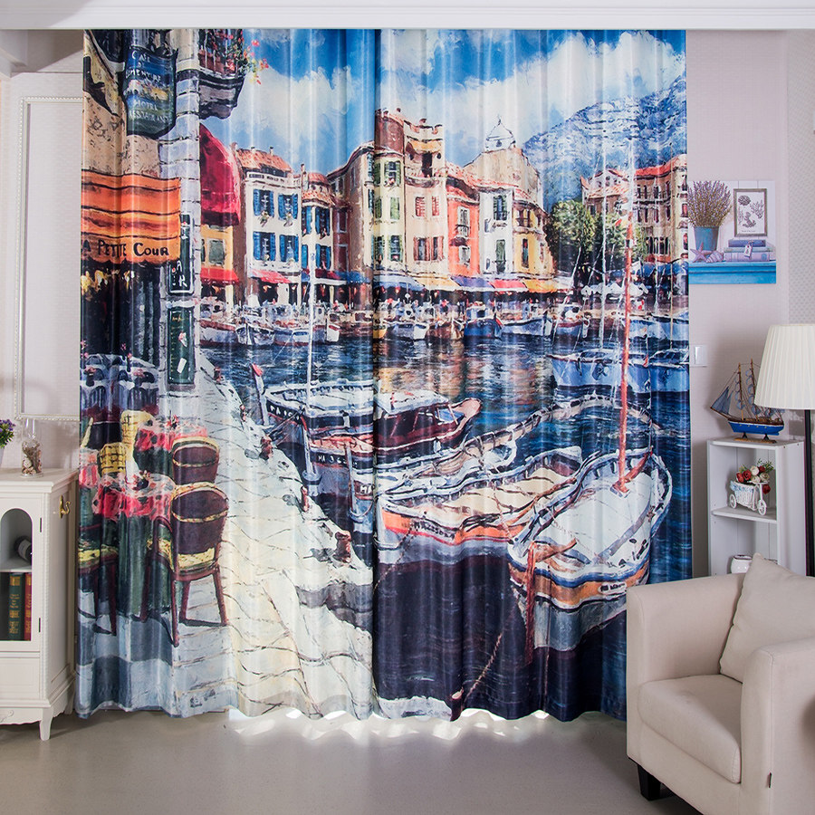 定制简约现代欧式油墨风海港棉麻遮光装饰窗帘布纱帘卧室客厅书房