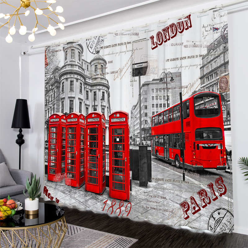 英伦复古London电话亭大笨钟遮光窗帘定制卧室客厅酒吧门帘隔断