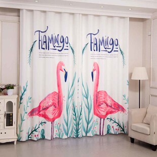 定制简约现代北欧水墨风火烈鸟卡通棉麻遮光成品窗帘布纱客厅隔断