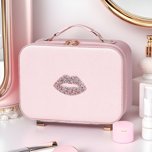 2024化妆箱化妆师带镜子贴钻嘴唇LED灯化妆包防水设计LED化妆镜