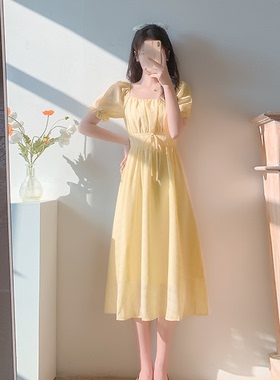 夏季新款时尚甜美初恋少女减龄仙女风修身雪纺长裙度假约会连衣裙