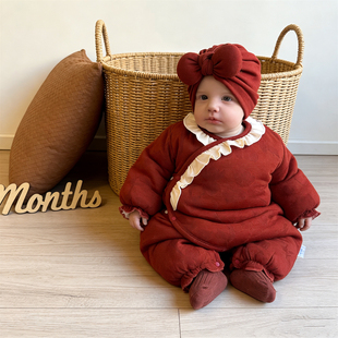 新生婴儿过年服秋冬女宝宝连体衣满月百天套装喜庆加厚拜年小棉袄