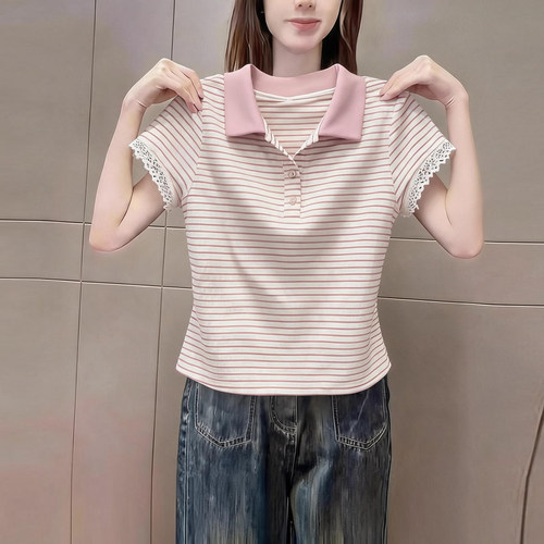 粉色条纹蕾丝拼接短袖t恤Polo女