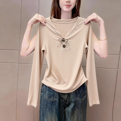 韩式简约高级风v领长袖t恤上衣女