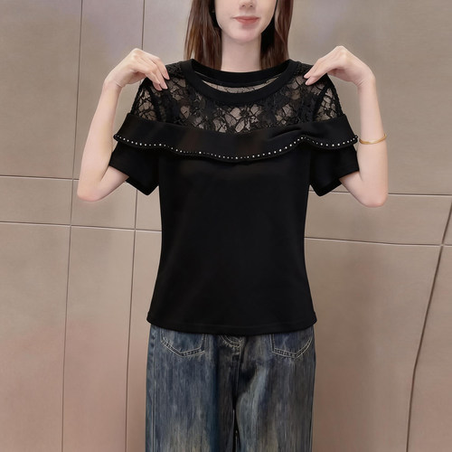 高级感黑色蕾丝拼接短袖t恤女装