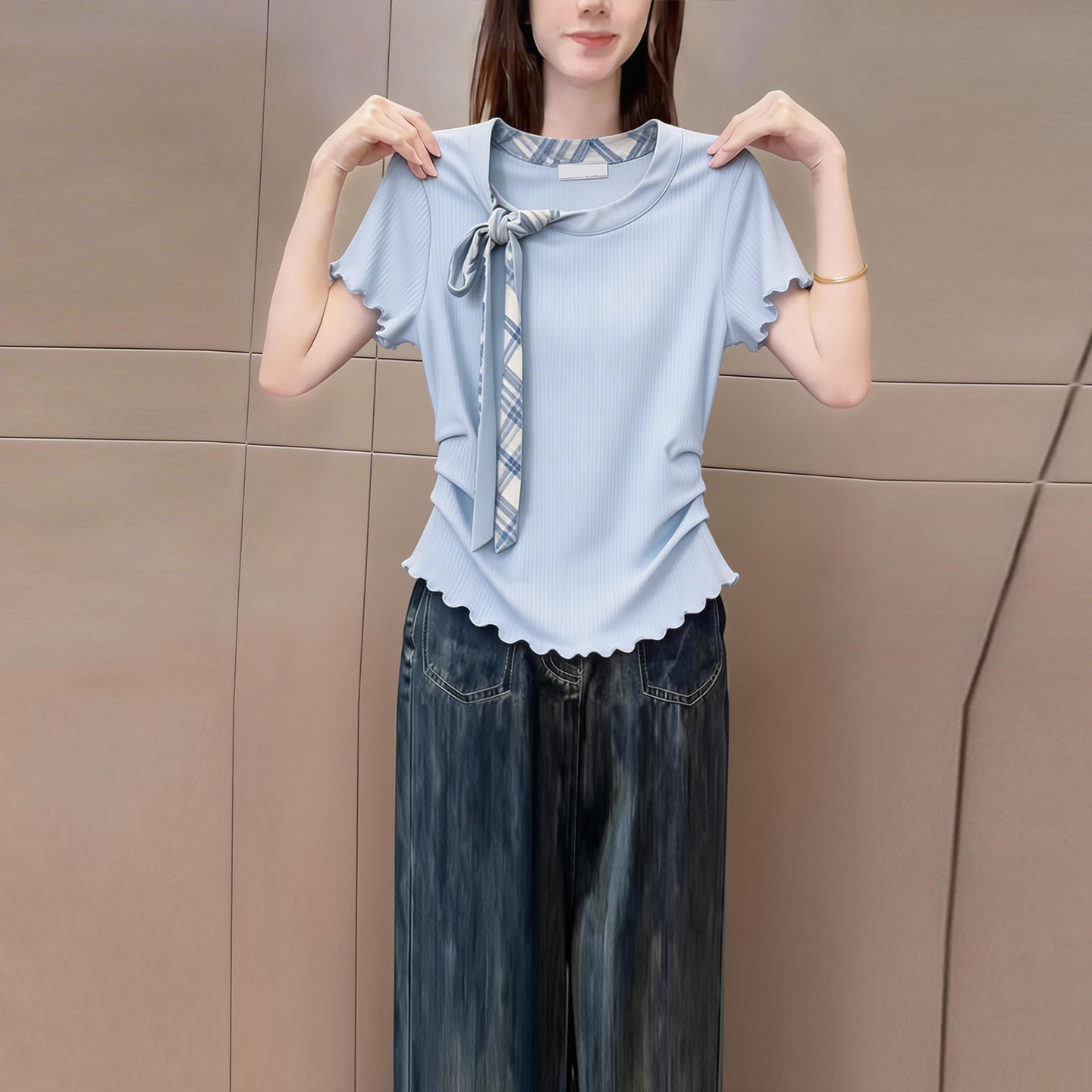 优雅风时尚格子飘带圆领短袖t恤女夏季新品修身捏褶气质漂亮上衣
