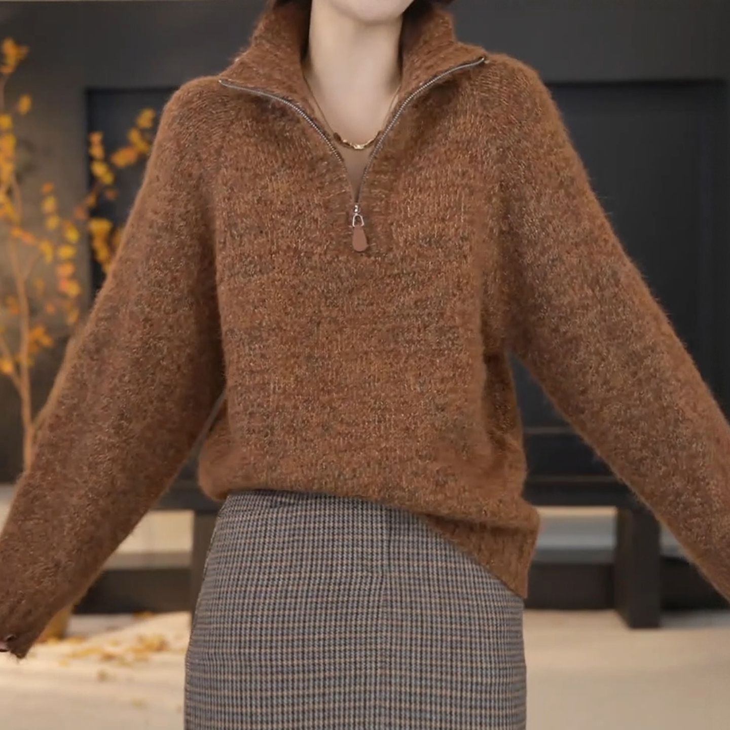 韩系慵懒风半拉链立领针织衫女装