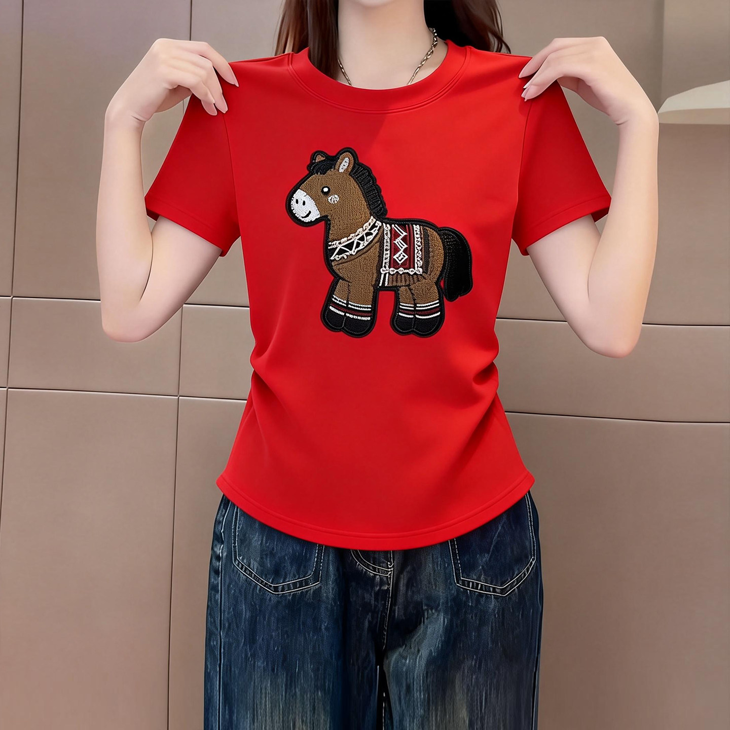 早春季新品时尚小马刺绣正肩短袖t恤女装红色本命年休闲内搭上衣,女装/女士精品,大码内搭,淘宝优惠券,粉丝福利购,淘宝优惠卷