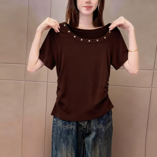 春夏季高级感棕色圆领短袖t恤女