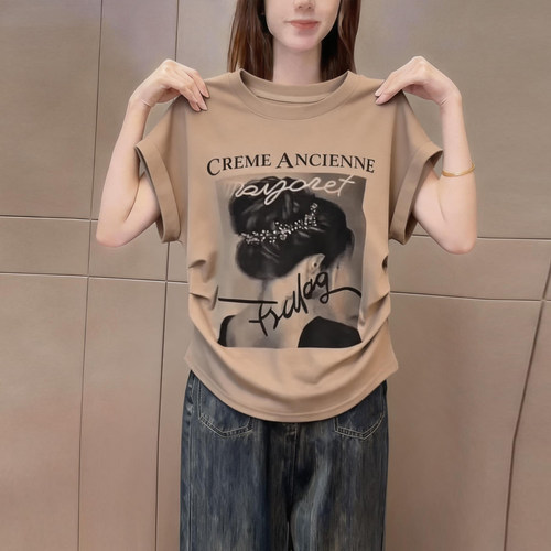复古时髦人物印花圆领短袖t恤女