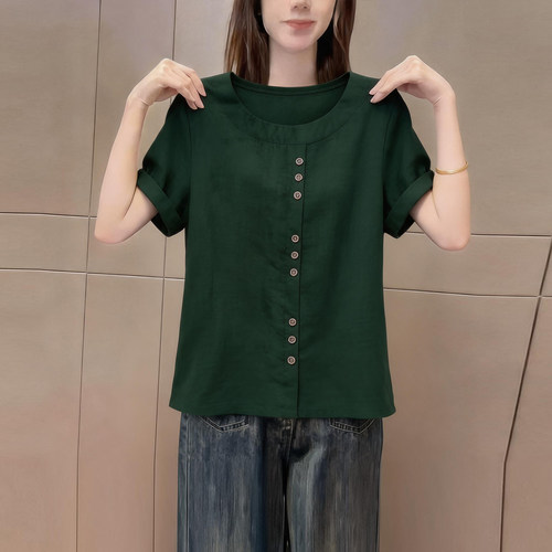 复古绿色优雅风圆领短袖t恤女装