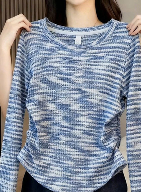 超好看复古洋气蓝白条纹长袖针织衫女修身褶皱内搭小衫上衣秋冬季