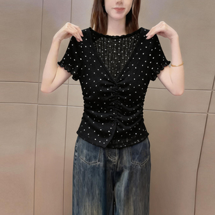 高级感黑色波点v领短袖t恤女装韩系时尚抽绳收腰显瘦百搭上衣夏季