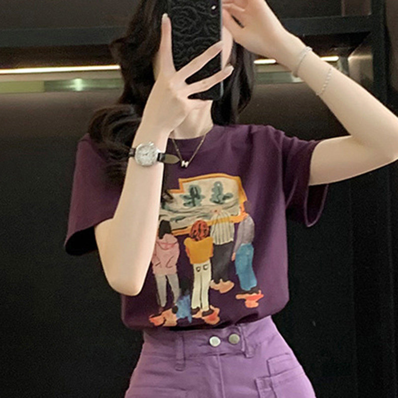 洋气人物图案印花紫色圆领短袖t恤女夏季爆款减龄显瘦百搭上衣ins