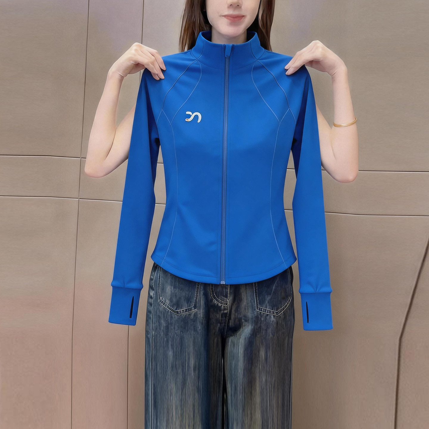 简约蓝色立领拉链长袖t恤女2026秋季新品修身百搭透气运动风上衣