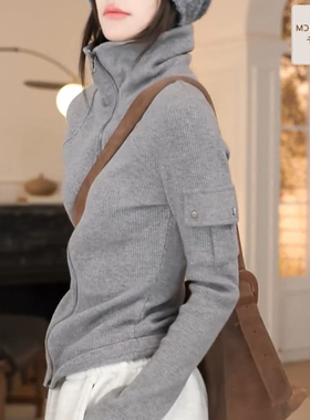 2025秋冬灰色双拉链高领长袖开衫t恤女设计口袋百搭显瘦小衫上衣