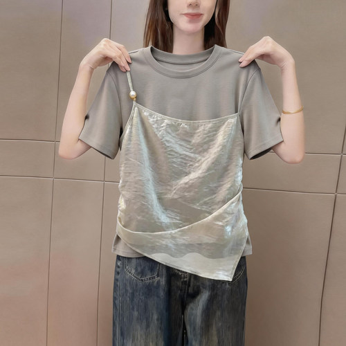 高级感拼接假两件短袖t恤女时尚