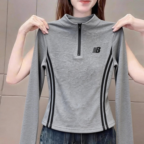 简约运动风半拉链立领长袖t恤女
