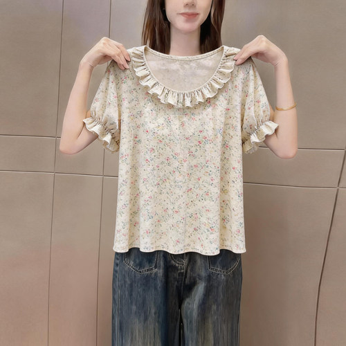 夏季新品时尚碎花圆领短袖t恤女