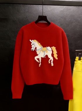 2025秋冬款撞色小马提花圆领毛衣女新年红色休闲小个子短款针织衫