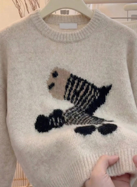 时尚洋气卡通小马图案圆领毛衣女2025秋冬季新款上衣软糯百搭针织