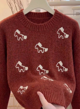 韩版小马刺绣圆领毛衣女秋冬新年红色宽松百搭氛围感针织衫上衣潮