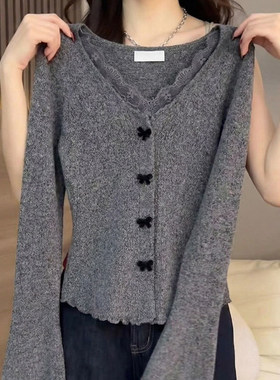 灰色木耳边高级感v领长袖t恤女秋冬季爆款韩系气质显瘦褶皱开衫潮
