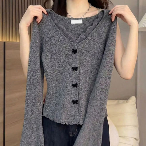 灰色木耳边高级感v领长袖t恤女
