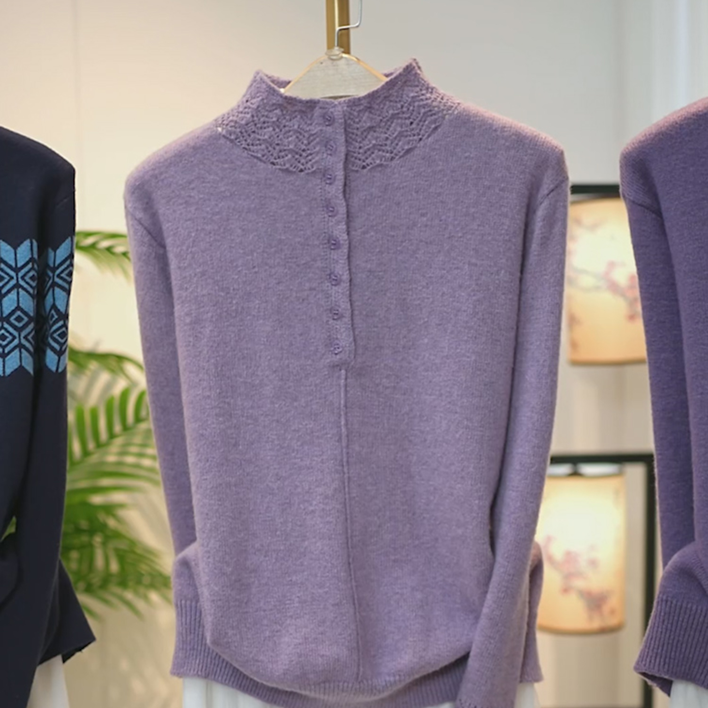 洋气高级淑女风紫色立领针织衫女