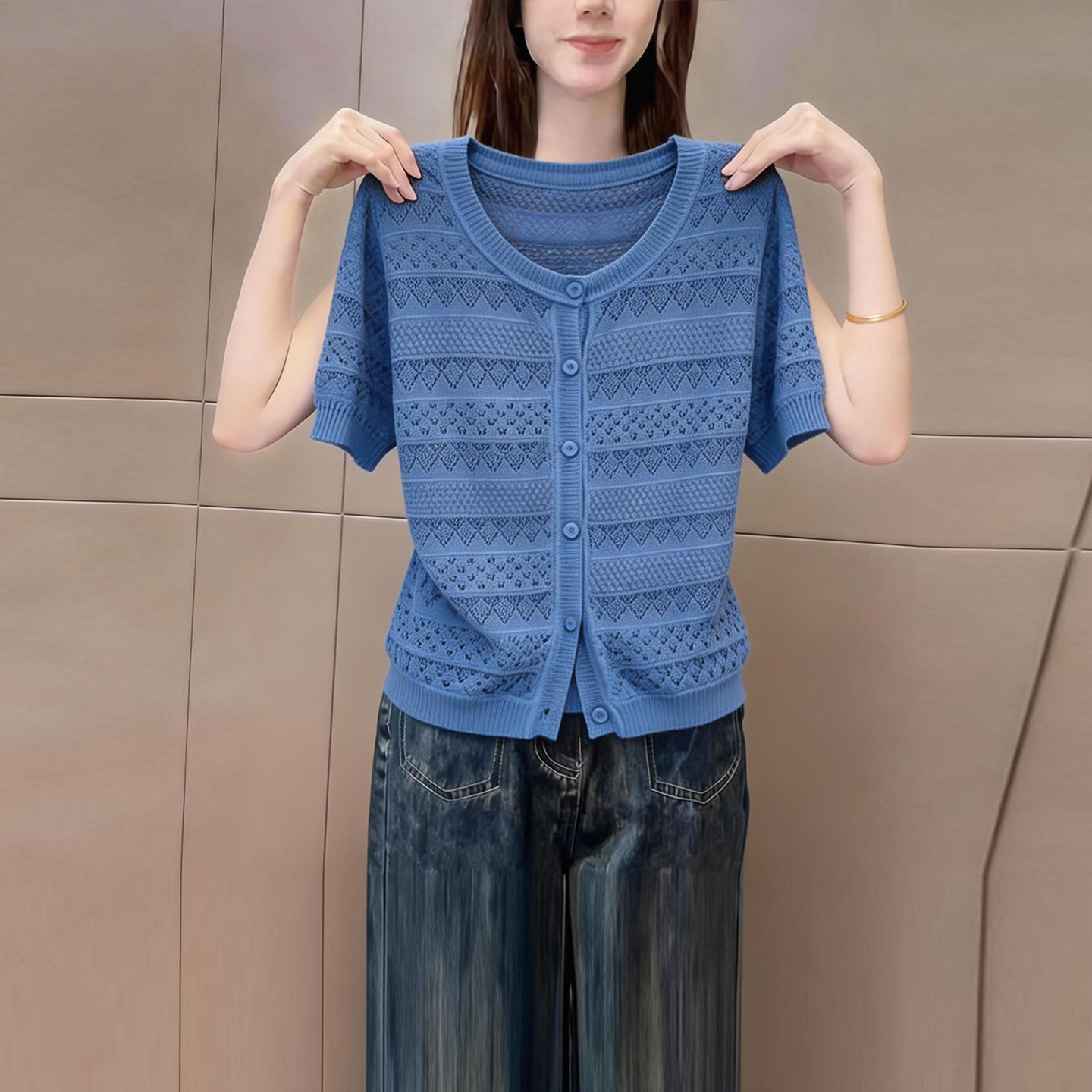 超好看度假风时尚低圆领短袖t恤开衫女夏季新款镂空透气休闲上衣